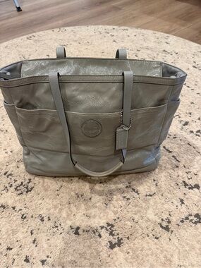 Coach Gray Quilted Patent Leather Tote with Logo Tag